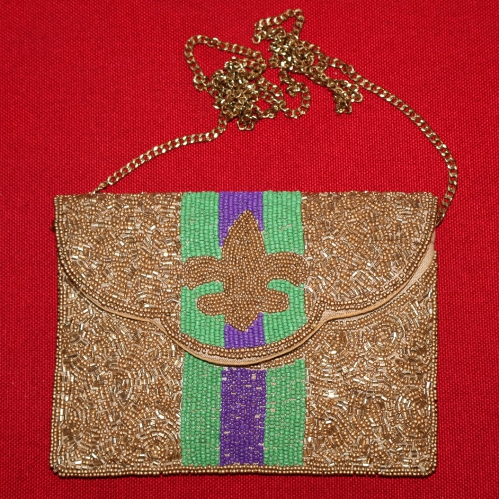 Mardi Gras Beaded Crossbody Bag with Gold Chain Strap And Flap Closure. NWOT.